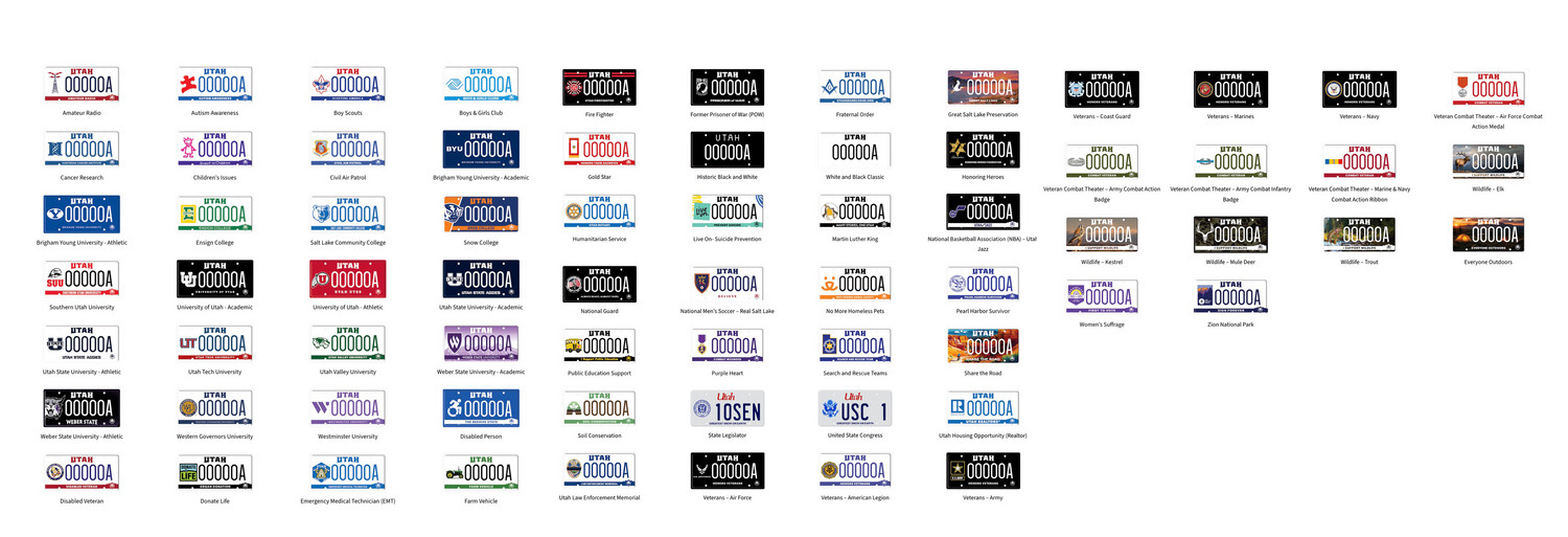 All of the new license plate designs that the Utah Division of Motor Vehicles are now offering, starting on Wednesday. A Utah Mammoth plate could also be added soon. (Photo: Utah Division of Motor Vehicles)