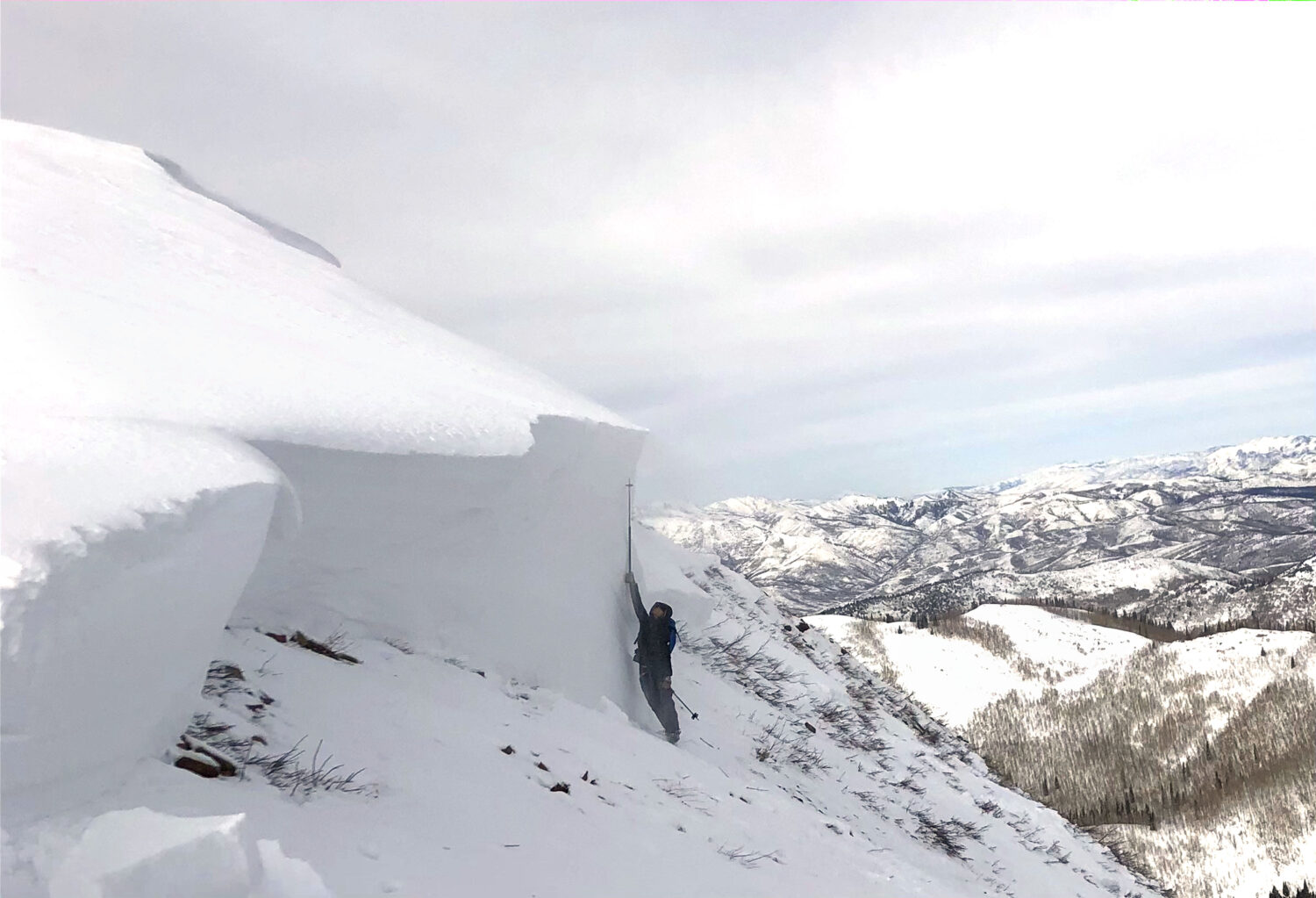 Utah Avalanche Center Forecaster Nikki Champion stands in front of the crown of an avalanche trigge...
