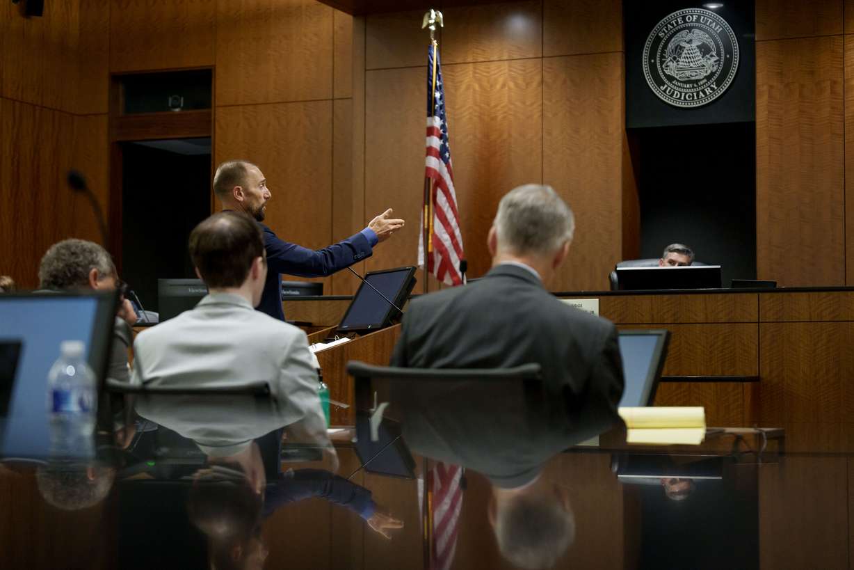 Deputy Utah County Attorney Ryan McBride questions Sgt. Jennifer Faumuina, not pictured, of the Utah Department of Public Safety, during a preliminary hearing for Tyler Robinson, second from left, who is accused in the fatal shooting of Charlie Kirk, at the 4th District Courthouse in Provo, Utah, on Thursday. (Photo: Spenser Heaps, Associated Press)