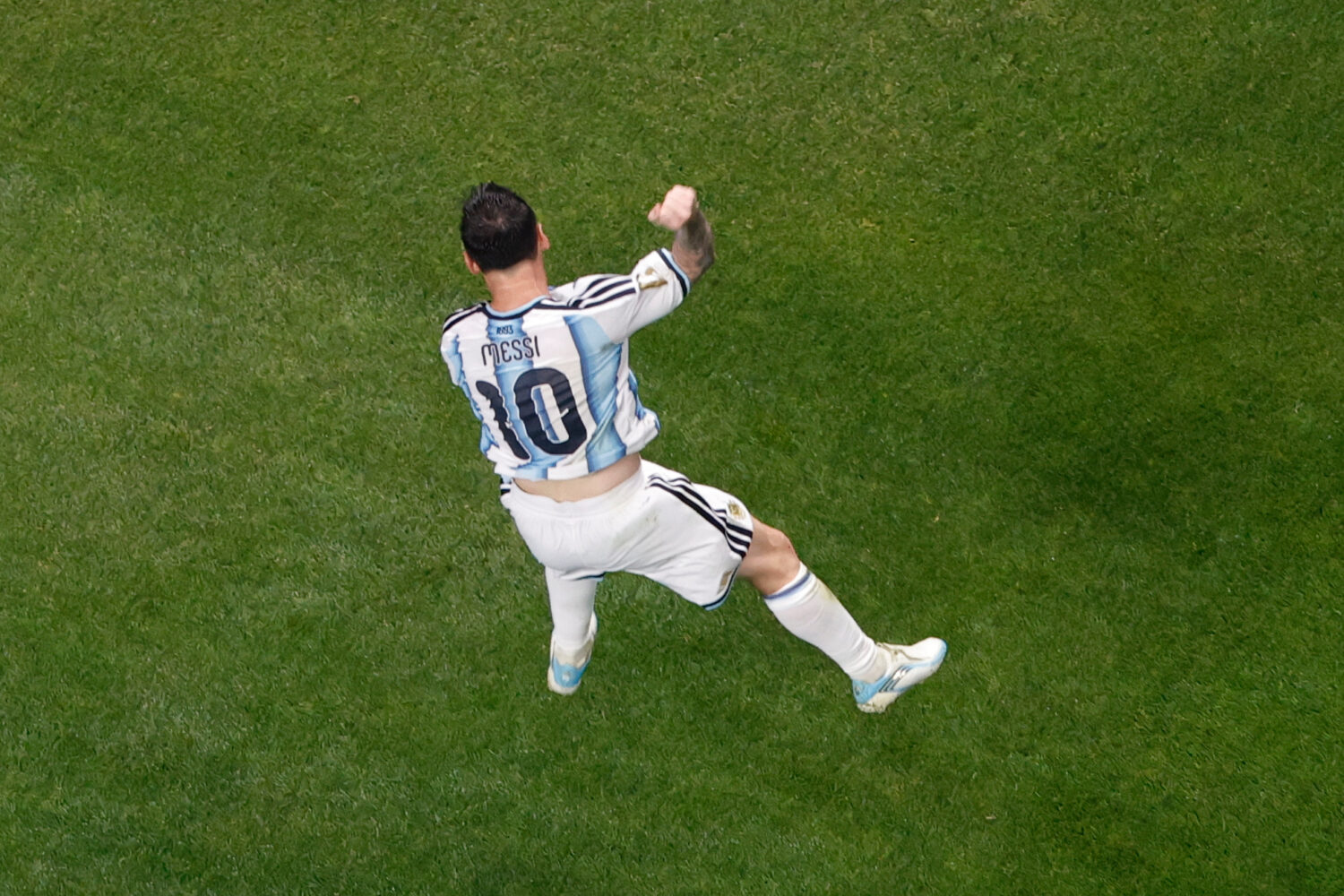 Argentina's Lionel Messi celebrates after scoring his side's second goal during the World Cup round of 16 soccer match between Argentina and Egypt in Atlanta, Tuesday, July 7, 2026. (Butch Dill, Associated Press)