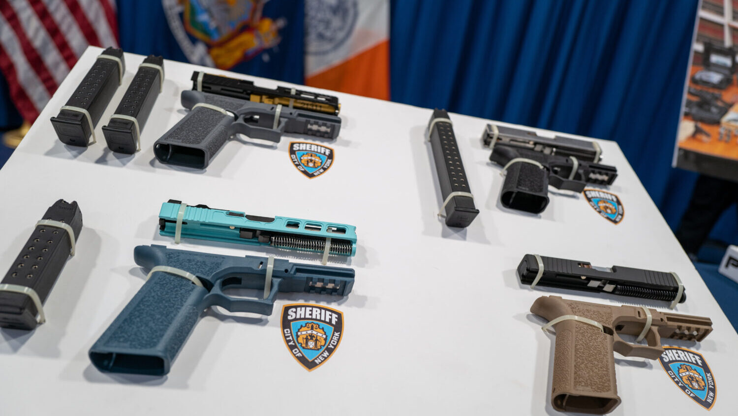 FILE: Confiscated "ghost guns" are displayed before a news conference with New York Mayor Eric Adams and Attorney General Letitia James and others to announce a new lawsuit against "ghost gun" distributors on June 29, 2022 in New York City. (Spencer Platt, Getty Images)
