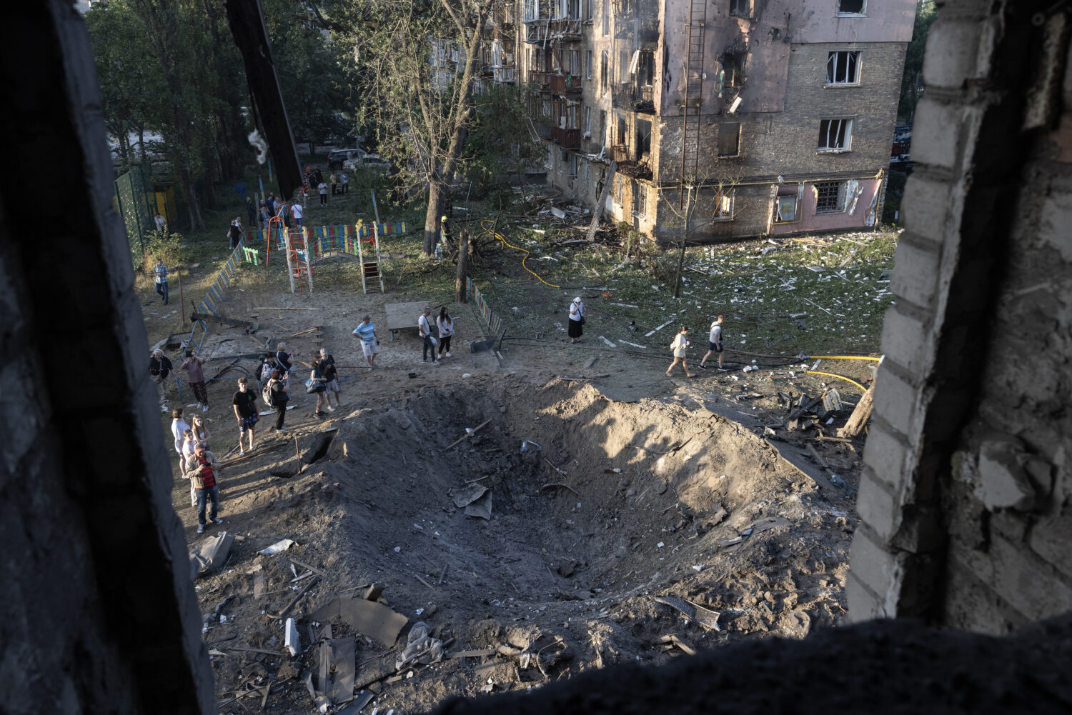 KYIV, UKRAINE - JULY 2: A large crater is seen after a drone and missile attack by Russian forces on July 2, 2026 in Kyiv, Ukraine. The attack hit multiple buildings in different neighborhoods of the Ukrainian capital, leaving at least 17 dead, according to early statements from Ukrainian authorities. (Paula Bronstein, Getty Images)