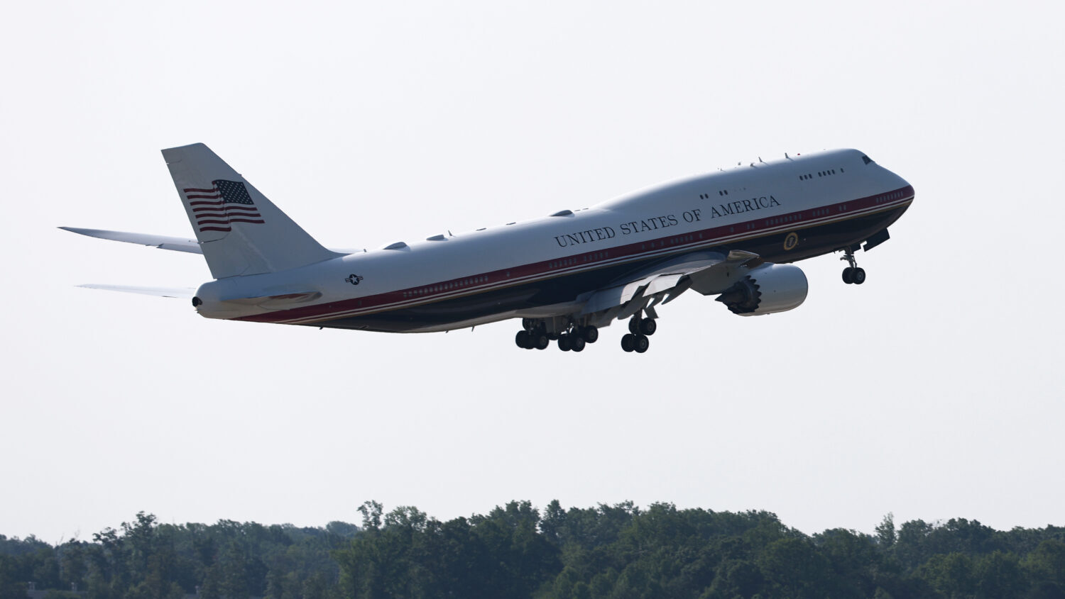 The new Air Force One aircraft with U.S. President Donald Trump aboard departs for North Dakota on July 01, 2026 at Joint Base Andrews, Maryland. (Finn Gomez. Getty Images)