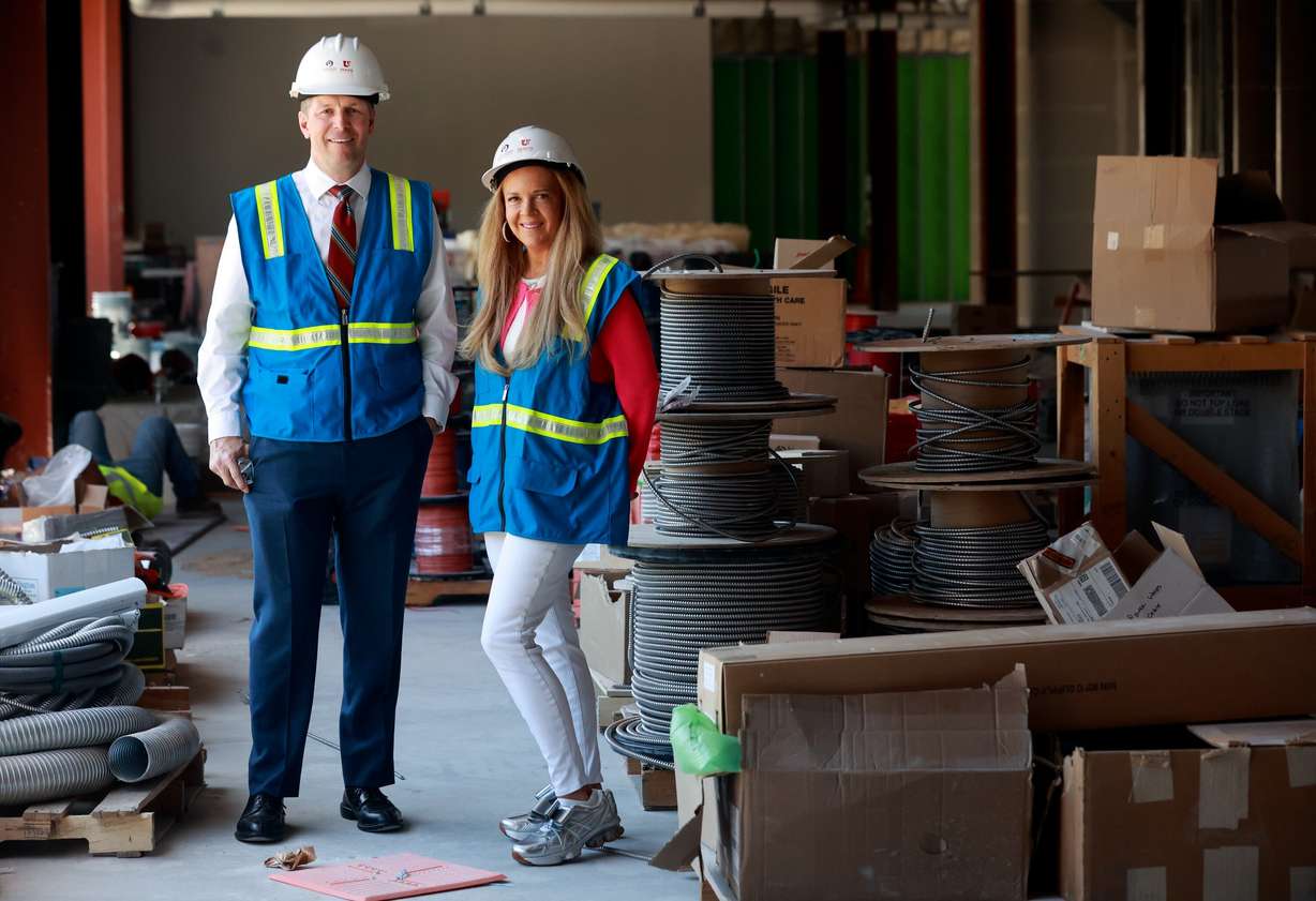 Brett Graham, Huntsman Health Institute president, and Christena Huntsman Durham, Huntsman Family Foundation director, executive vice president and vice chair, and Huntsman Mental Health Foundation CEO, pose for a portrait in the future Utah Mental Health Translational Research Building at the University of Utah Huntsman Mental Health Institute in Salt Lake City on Thursday, June 18, 2026. The Huntsman Family Foundation donated $150 million to the University of Utah for the mental health institute. (Photo: Kristin Murphy, Deseret News)
