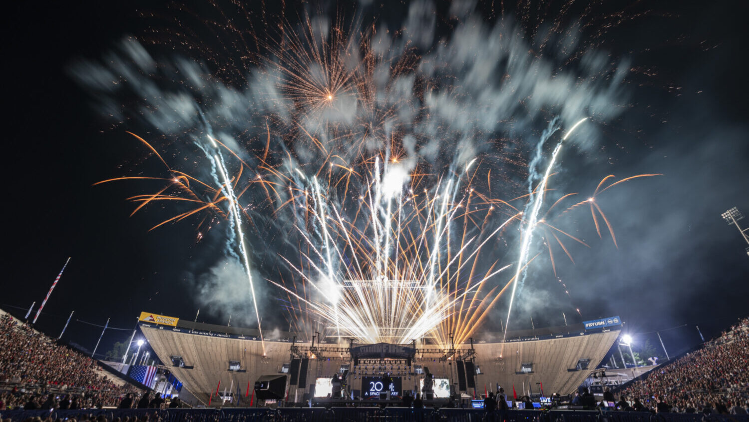 Fireworks burst during Stadium of Fire held at LaVell Edwards Stadium on the campus of Brigham Youn...