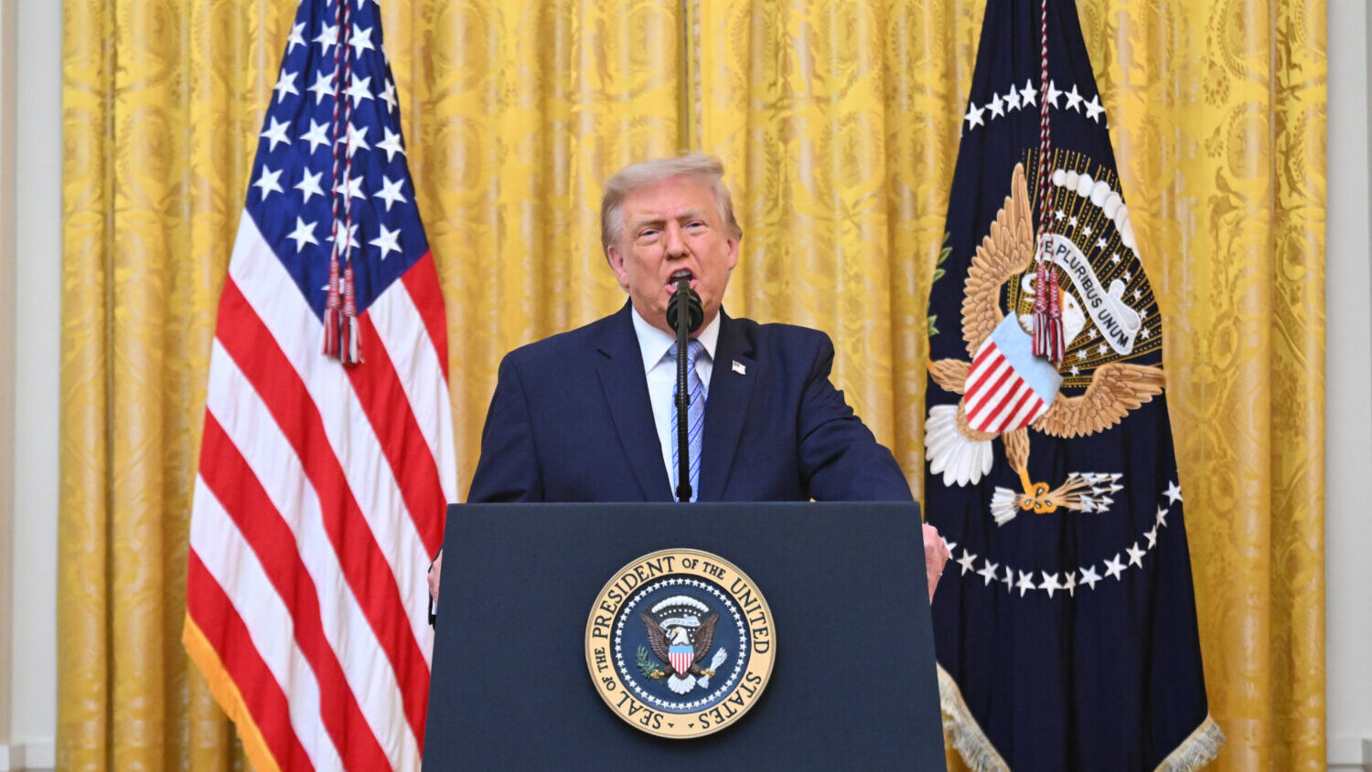 President Donald Trump speaks in the East Room of the White House, Thursday, July 16, 2026, in Wash...