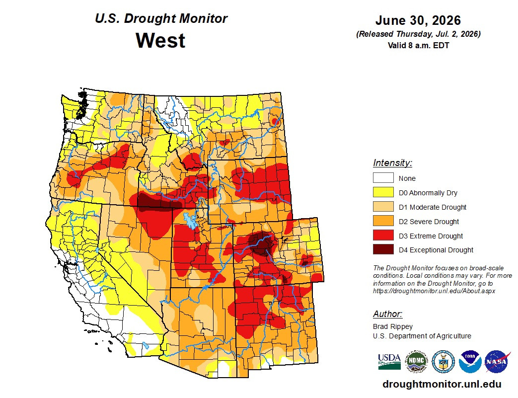 This map shows the West's drought situation heading into July. Over half of the region was listed in severe drought or worse. (Photo: U.S. Drought Monitor)