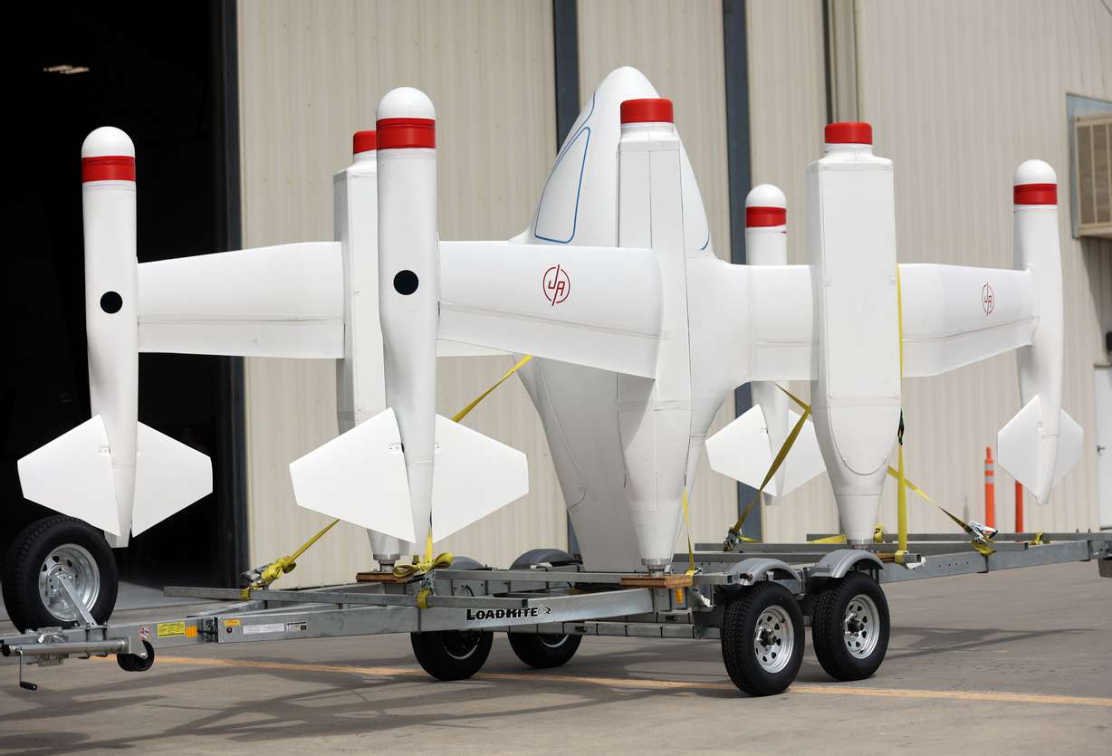 The Jump Aero Pulse aircraft is on display at South Valley Regional Airport in West Jordan on Wednesday. It is an electric vertical takeoff and landing aircraft designed to help with rapid-response emergency services. (Photo: Kristin Murphy, Deseret News)