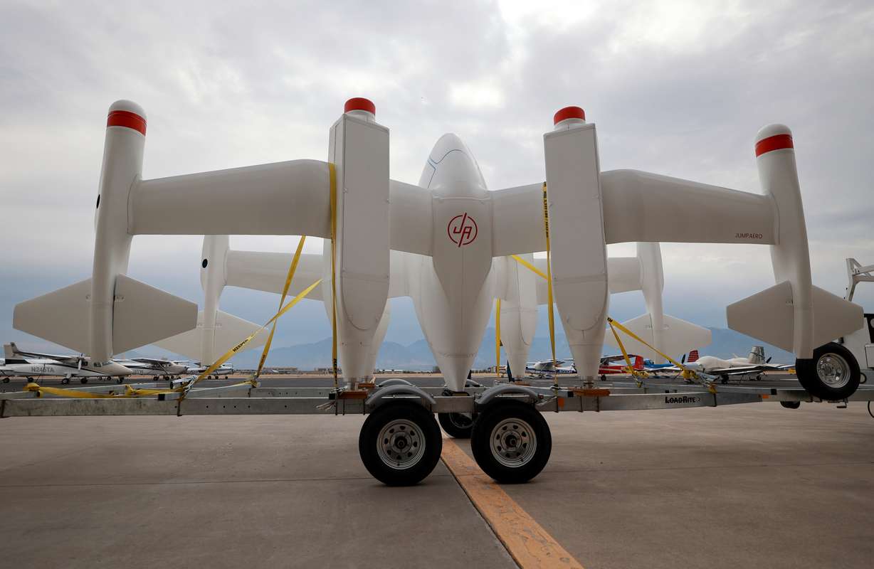 The Jump Aero Pulse aircraft is on display at South Valley Regional Airport in West Jordan on Wednesday. It is an electric vertical takeoff and landing aircraft designed to help with rapid-response emergency services. (Photo: Kristin Murphy, Deseret News)
