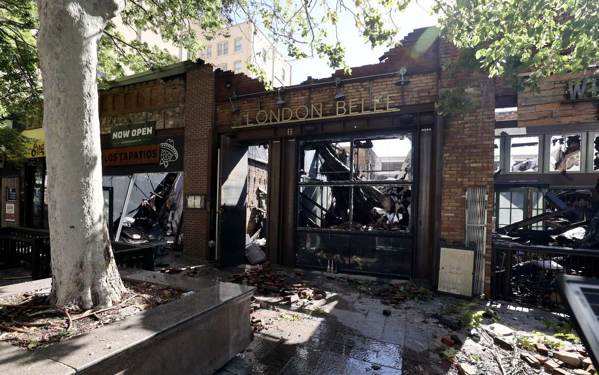 The scene of a structure fire that destroyed four businesses on the 300 South block of Main Street on Aug. 11, 2025, is pictured in downtown Salt Lake City on Aug. 12, 2025. Whiskey Street, White Horse, London Belle, Los Tapatios and Eva were all heavily damaged by the fire. (Photo: Kristin Murphy, Deseret News)