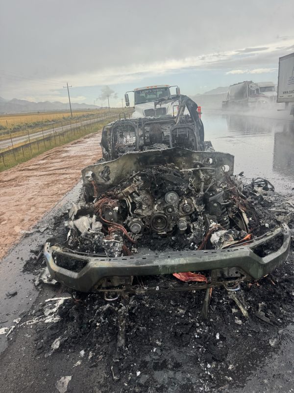 A truck was struck by lightning on I-15 in southern Utah Wednesday afternoon. No injuries were reported. The truck, a 2021 Ford F-150, was deemed a total loss. (Mark Hodgins)