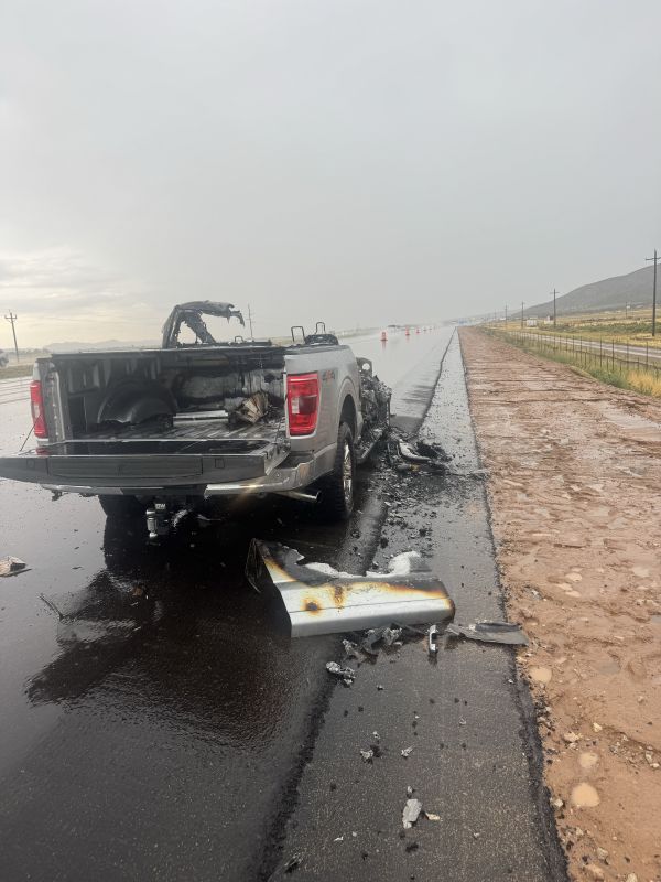 A truck was struck by lightning on I-15 in southern Utah Wednesday afternoon. No injuries were reported. The truck, a 2021 Ford F-150, was deemed a total loss. (Mark Hodgins)