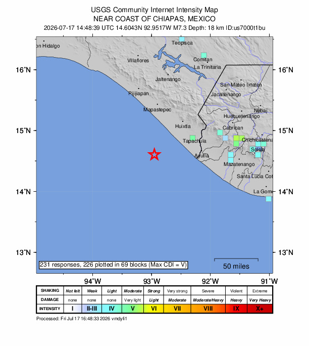 A strong earthquake struck the southern Mexican Pacific coast on Friday, right on the border with Guatemala, and was felt from Mexico City to El Salvador.