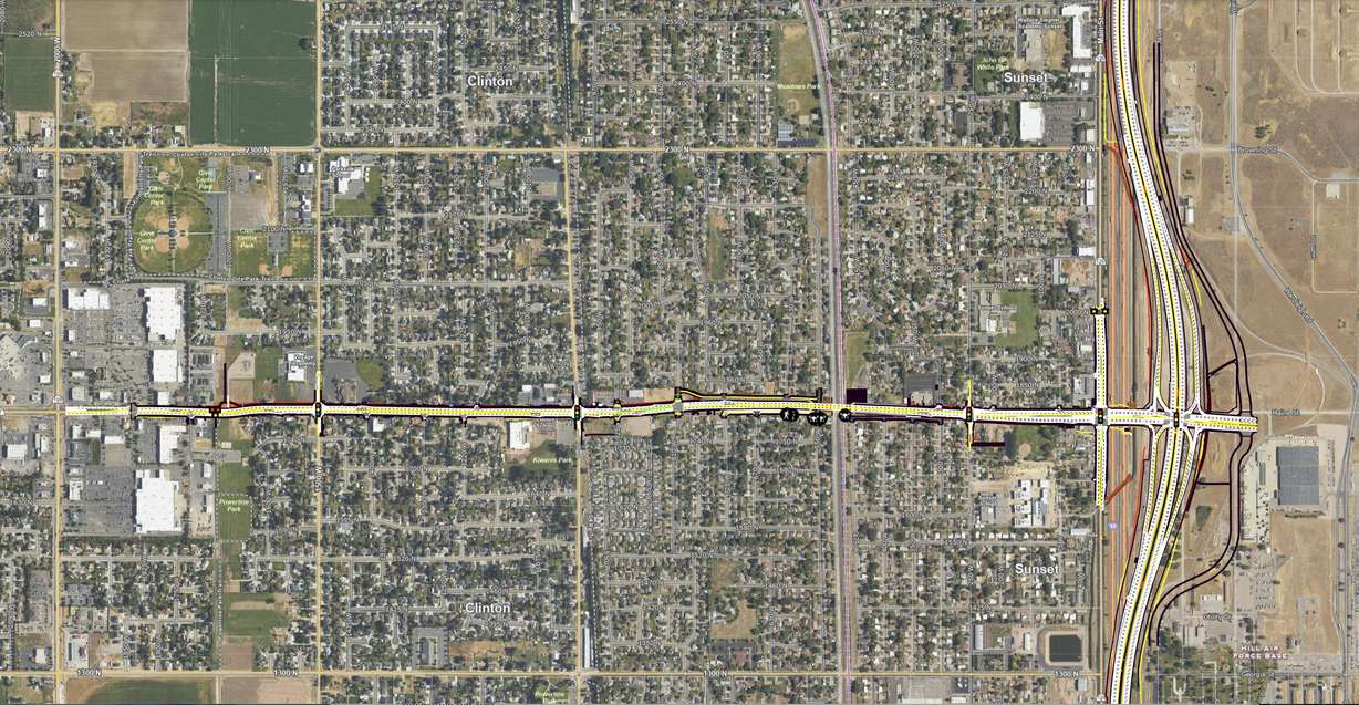 The photo shows the area of focus of ongoing work to upgrade 1800 North in Clinton and Sunset and build a new interchange where the road meets I-15 to the east. A $238 million upgrade of 5600 South and the I-15 interchange in Roy to the north is largely complete. (Photo: Utah Department of Transportation)
