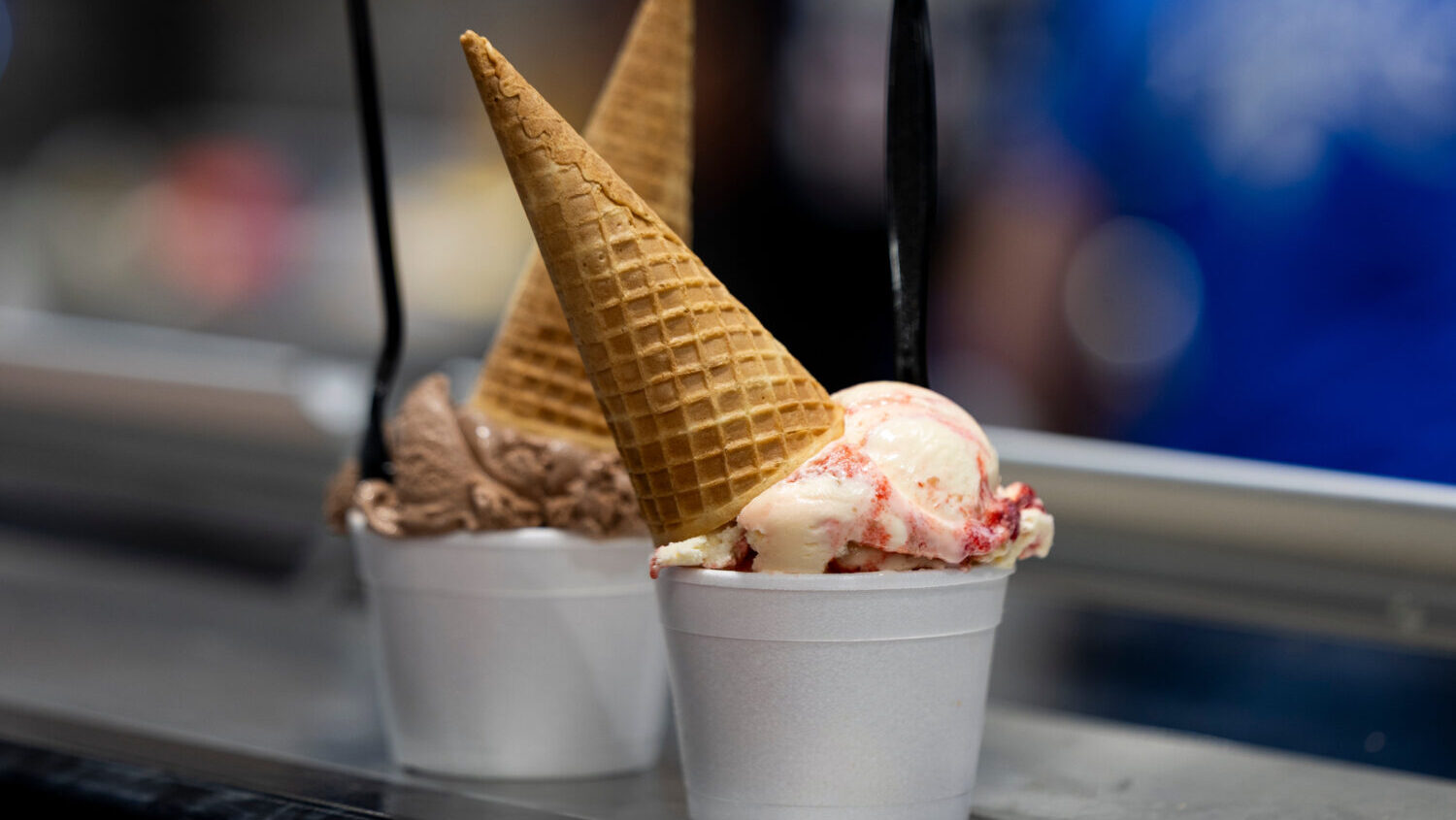 A pair ice cream cones sit on the service counter at the BYU Creamery on Ninth in Provo on Monday, ...