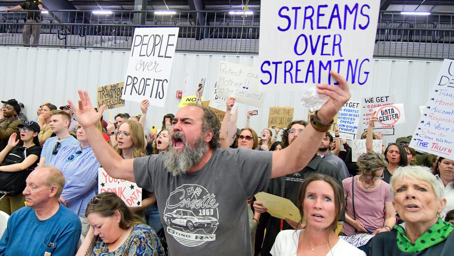 Michael Smith, center, and others yell after Box Elder County Commissioners approved a data center during a meeting Monday, May 4, 2026, in Tremonton. (Eli Lucero, Herald Journal)