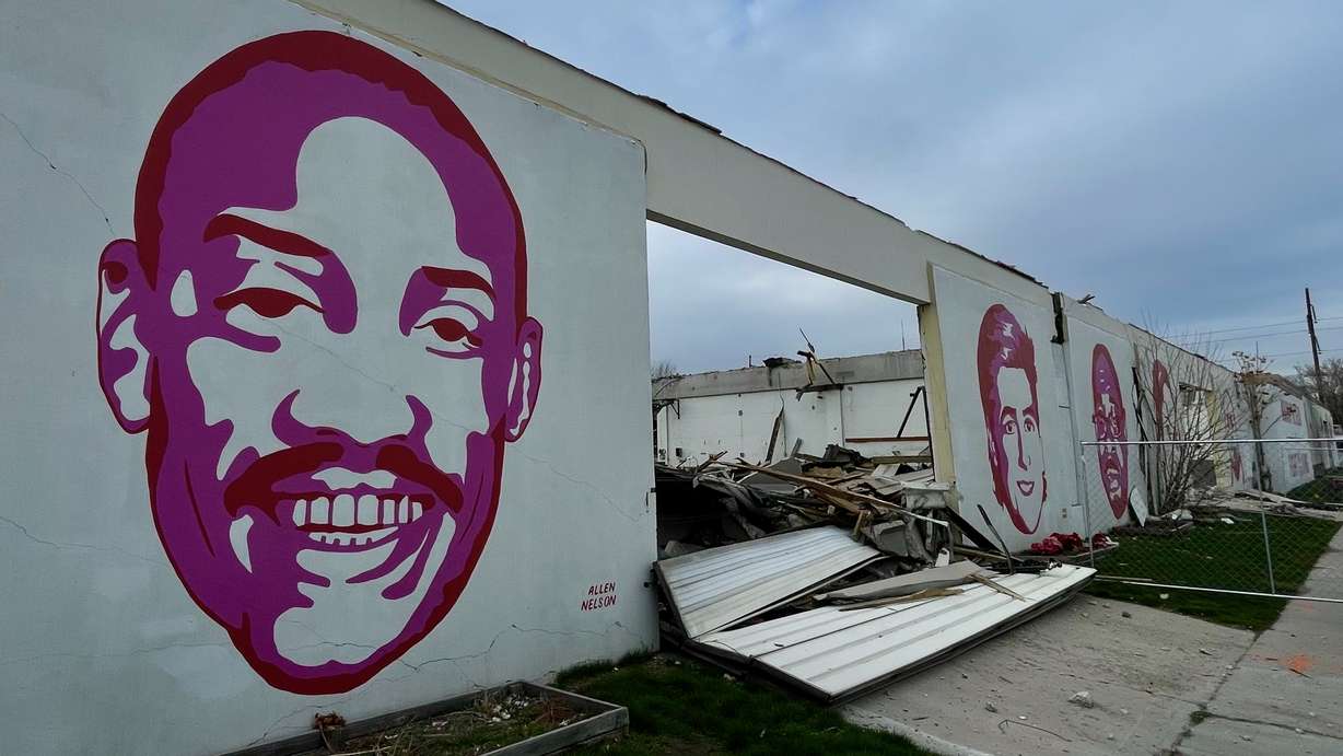 Demolition starts on the Fleet Block buildings in Salt Lake City that contain murals of people killed in incidents involving police, pictured here on March 21, 2025. (Photo: Tim Vandenack, KSL.com)