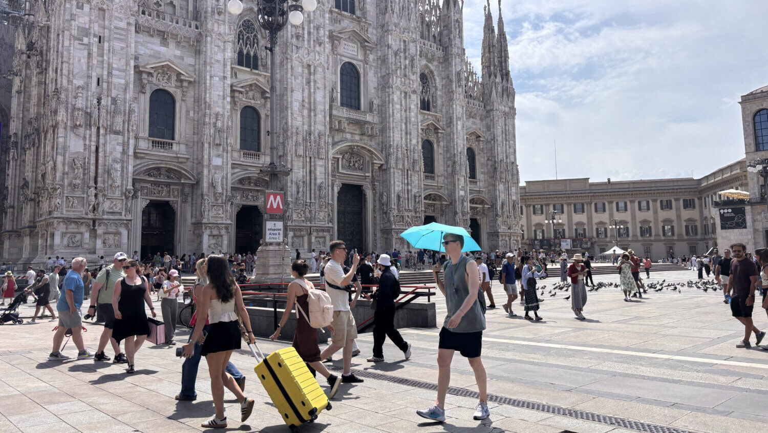Tourists are seen in Piazza Duomo on June 29, 2026 in Milan, Italy. Italy has placed all major citi...