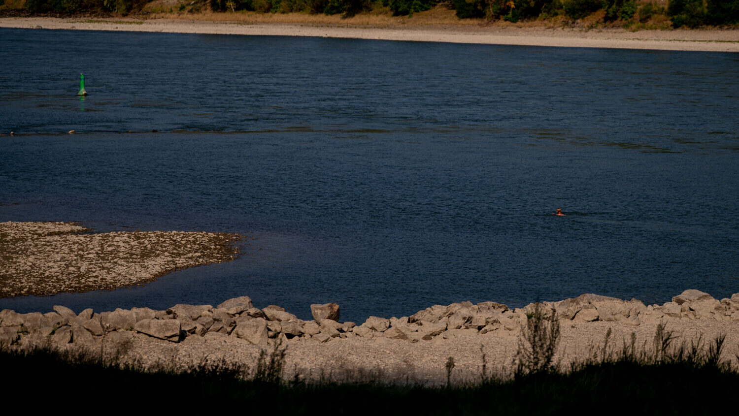 A man swims next to a exposed sandbank along the Danube River during ongoing drought and hot weather on August 02, 2026 near Weissenkirchen, Austria.(Christian Bruna, Getty Images)