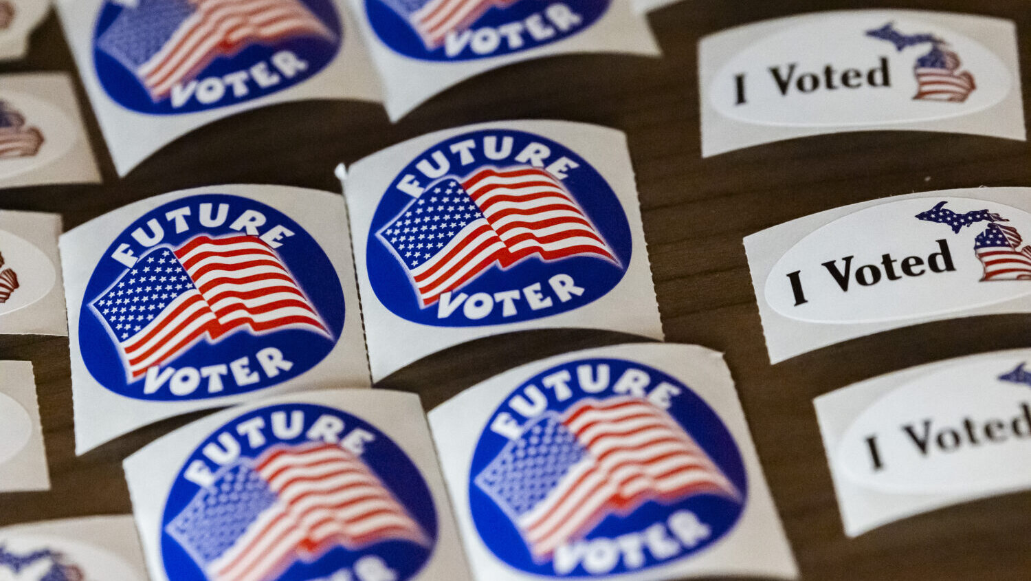 Voting stickers on display as U.S. Rep. Haley Stevens (D-MI), candidate for Michigan's open U.S. Se...