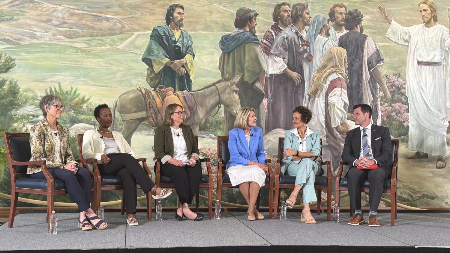General Relief Society Pres. Camille N. Johnson, 4th from left, joins a panel discussion featuring ...