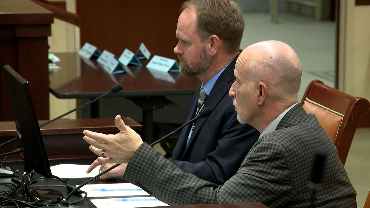 Utah State Hospital assistant superintendent Jeremy Christensen, left, and superintendent Dallas Earnshaw, right, speak to members of the Health and Human Services Interim Committee on Wednesday. (Photo: Zachary Pope, KSL)
