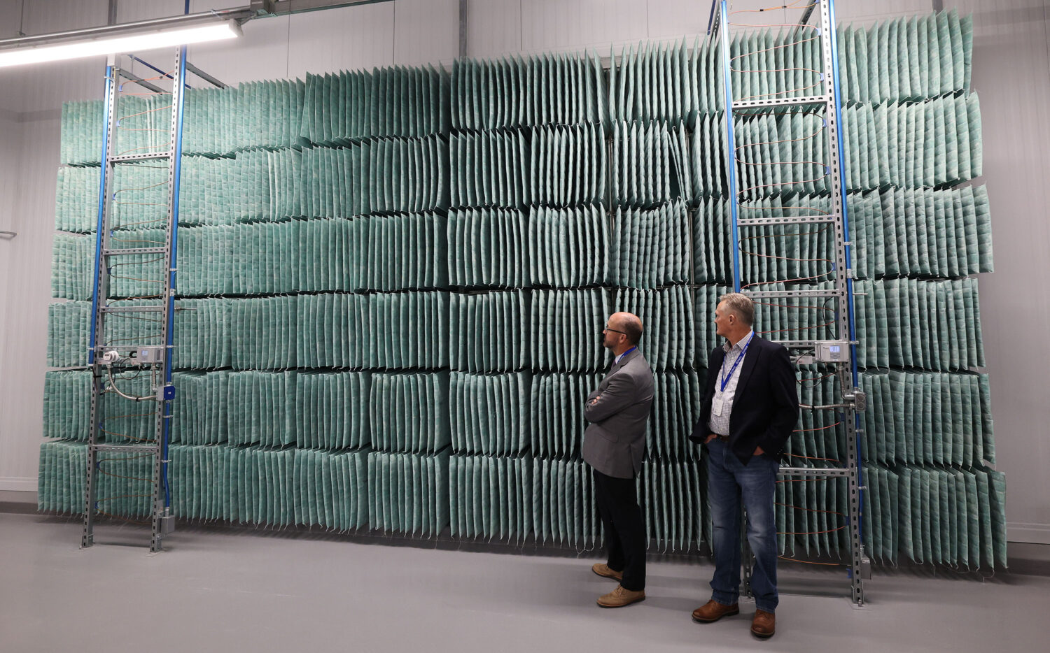 Large air filters from outside air are looked over at Meta’s Eagle Mountain Data Center in Eagle Mountain on Friday, Sept. 30, 2022. Meta is expanding the data center, increasing the total investment to over $1.5 billion. Once completed, the center will be a 4.5-million-square-foot campus. (Jeffrey D. Allred, Deseret News)
