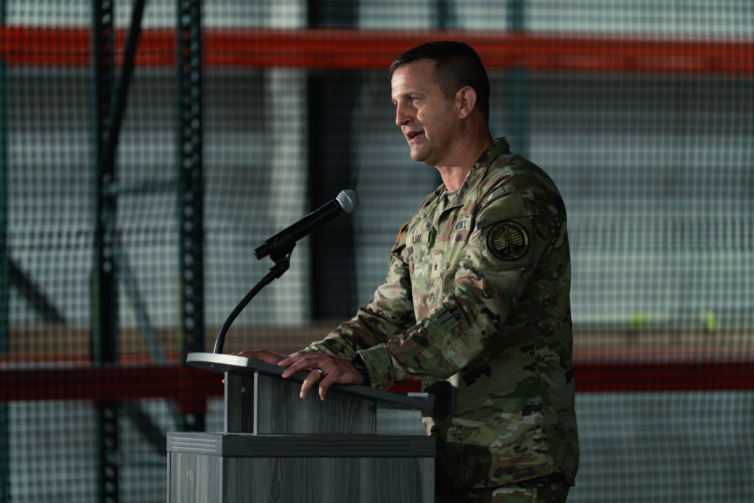 Brig. Gen. Michael Kjar, the Adjutant General of the Utah National Guard speaks at a gathering Frid...