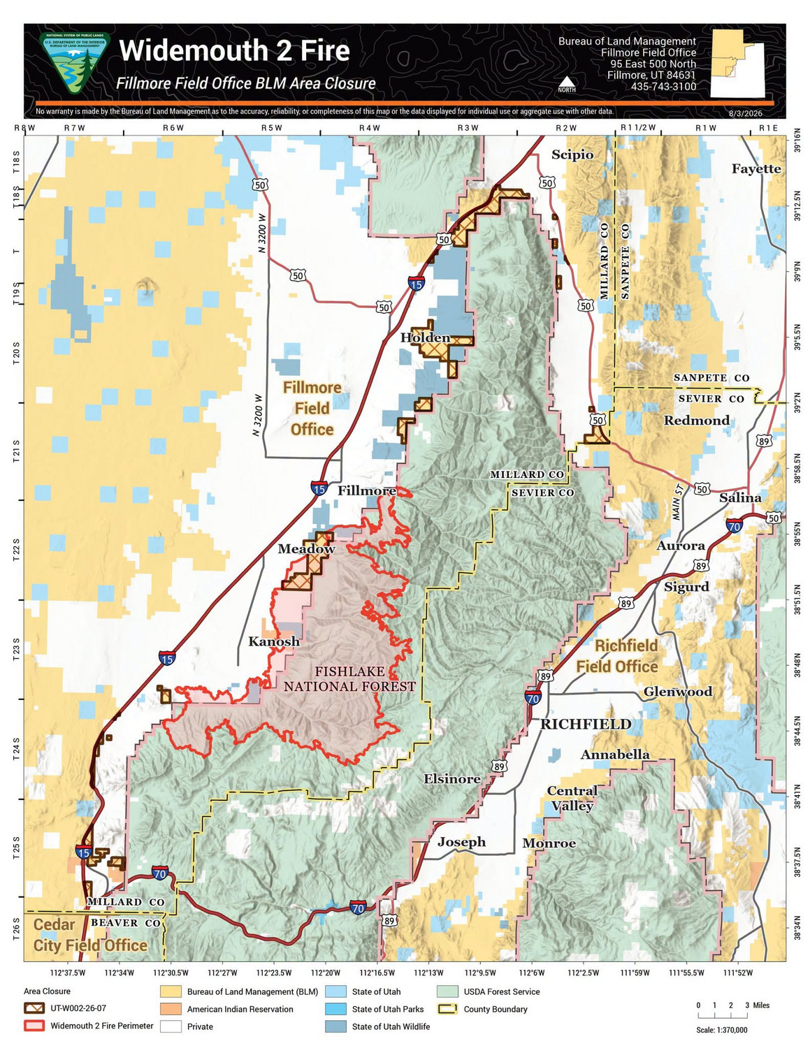 This map shows the Widemouth 2 Fire as of August 4, 2026. Areas surrounding the fire have been closed by the Bureau of Land Management. (Photo: Utah Bureau of Land Management)